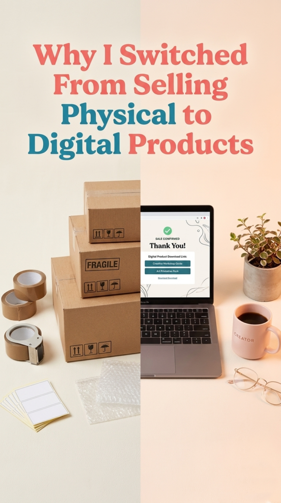 comparison flatlay of shipping boxes versus digital product sale on laptop