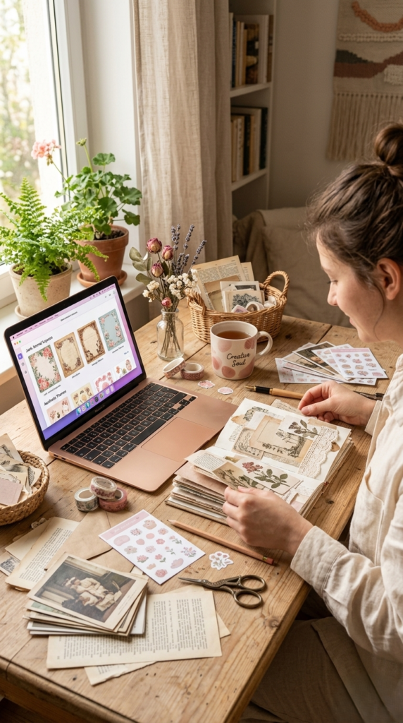 Pinterest-friendly junk journal graphics and sticker designs on feminine workspace desk