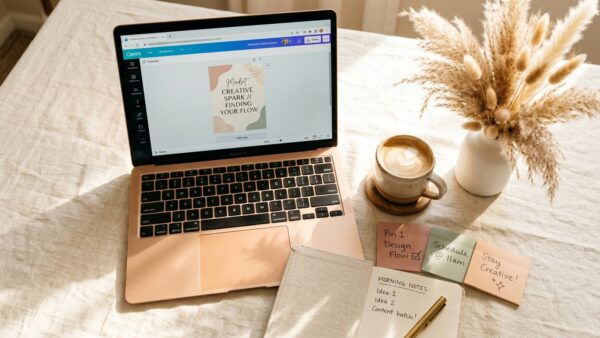 Woman designing Pinterest pins on laptop with Canva AI tools on warm linen desk
