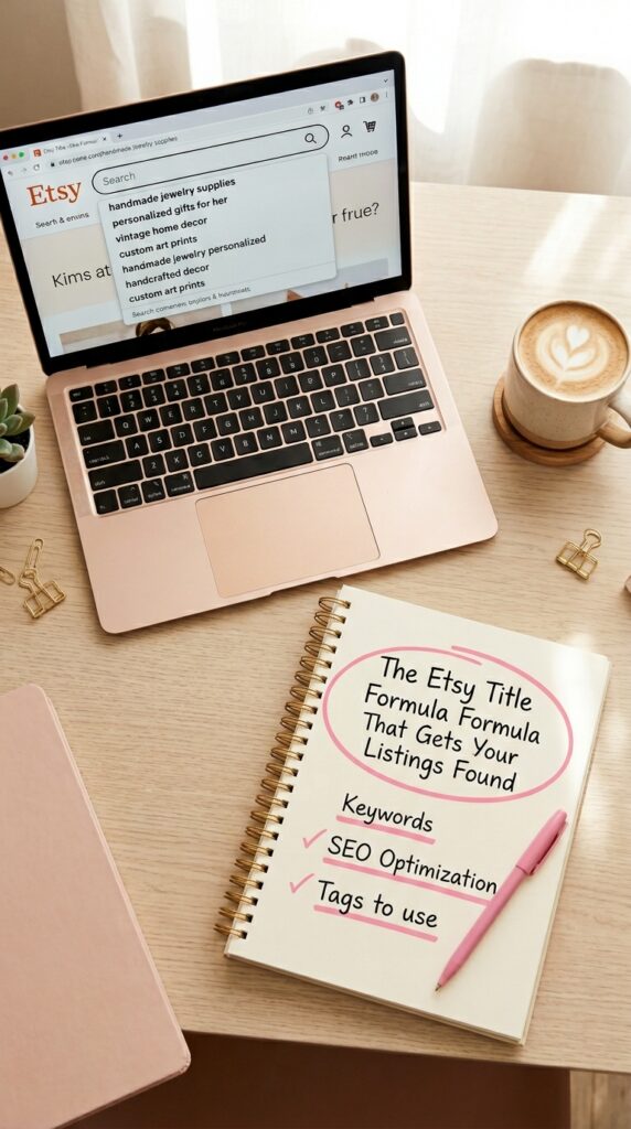 Etsy search autocomplete on laptop with keyword notes in notebook on warm wood desk