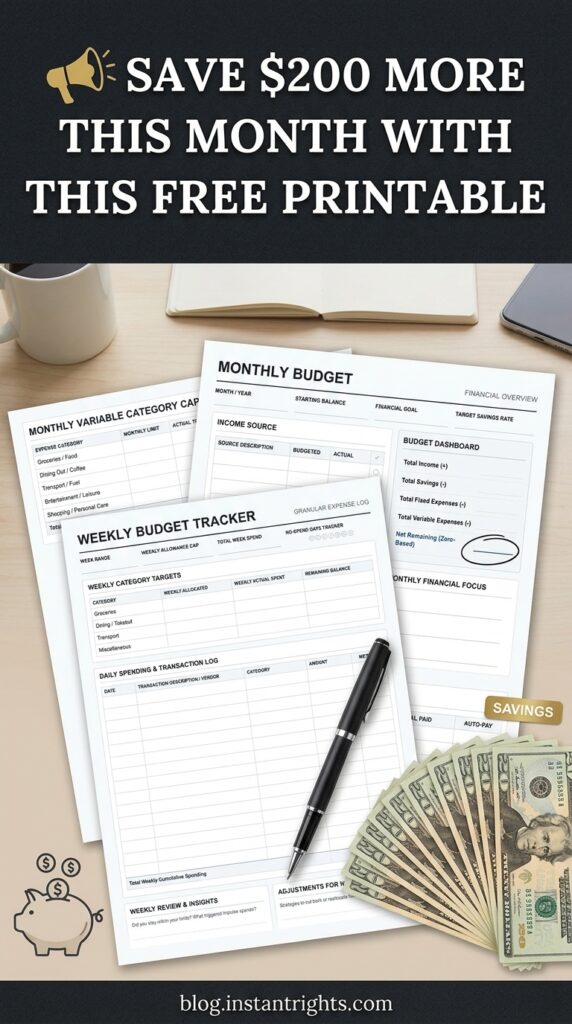 Monthly budget planner printable with savings goal and cash flat lay on ivory linen 