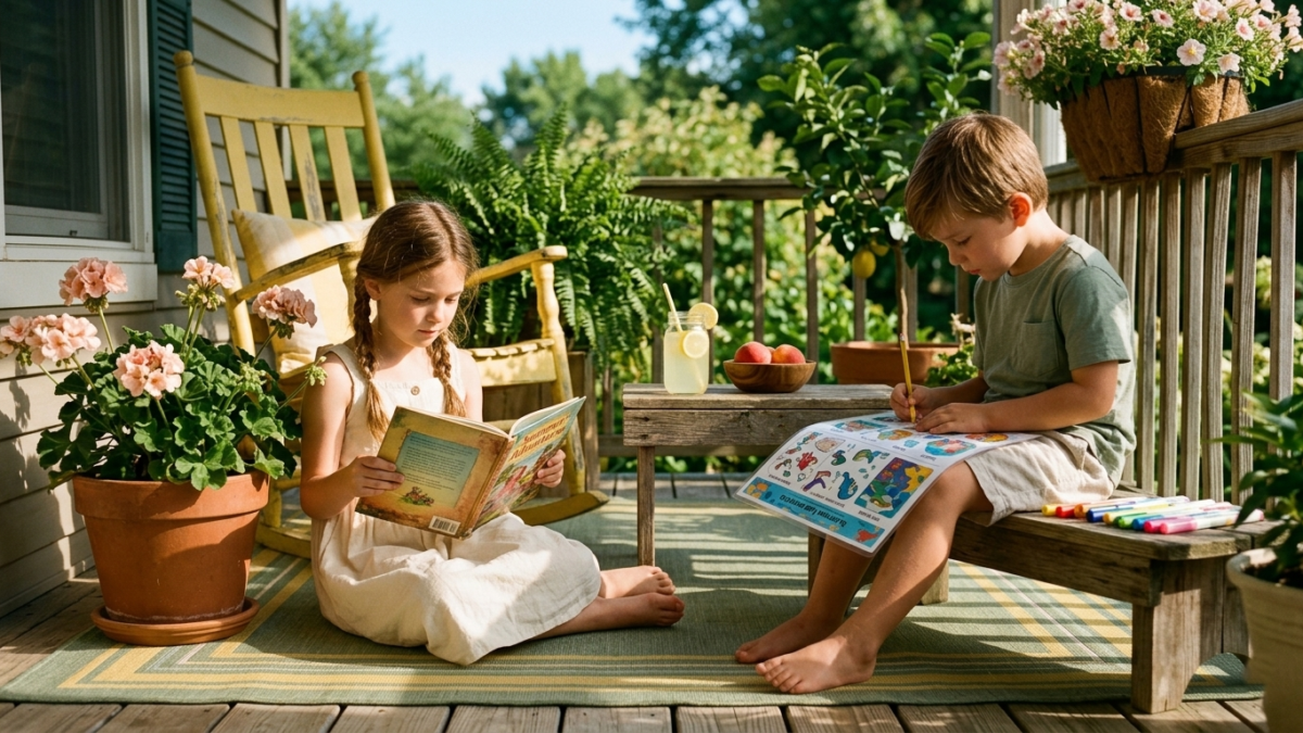 wo children doing summer learning activities on a sunny porch with books and worksheets