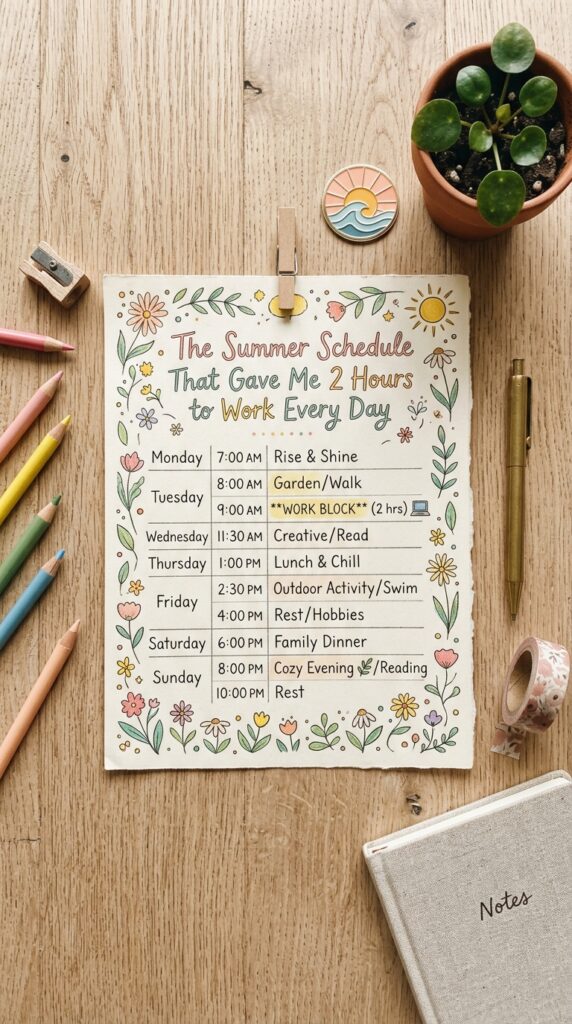 hand-drawn summer schedule flatlay with colored pencils and small plant on wood surface