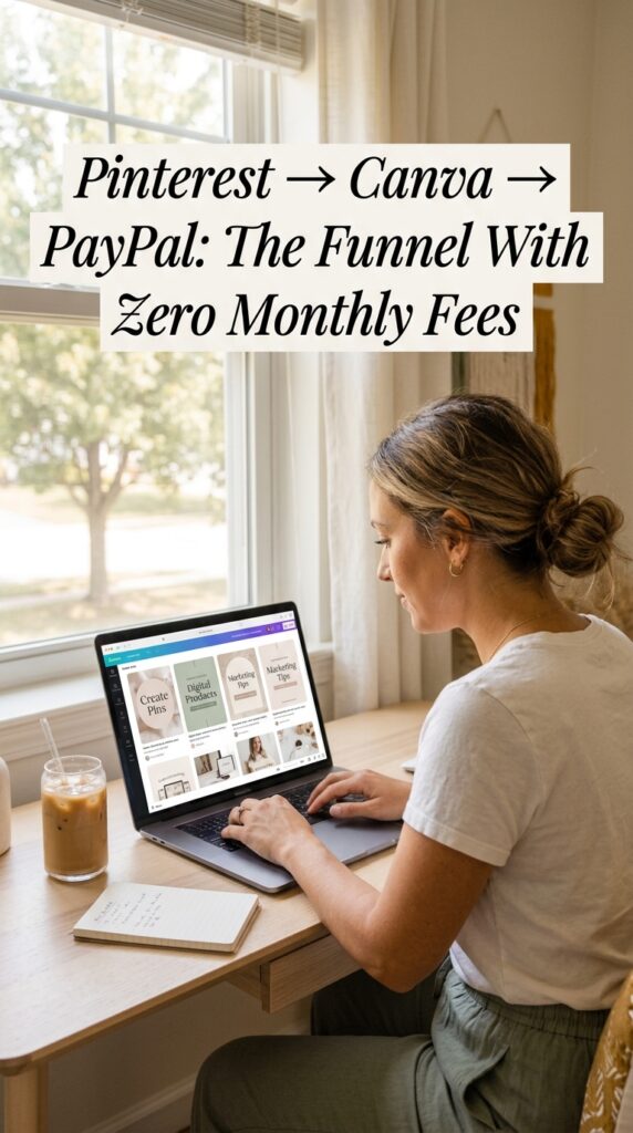 Woman designing Pinterest pins in Canva for digital product sales funnel 📍 Placement: After the Pinterest funnel steps