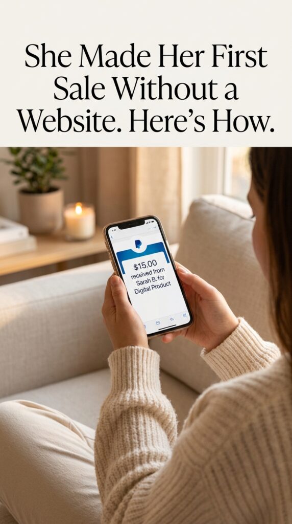 Woman checking PayPal sale notification from digital product sold through Canva design 📍 Placement: After the Honest Limitation section