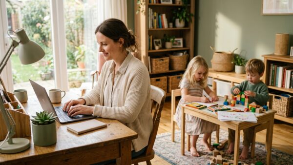 woman working from home at desk while children play independently nearby in summer