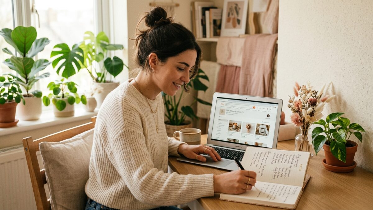 woman writing Etsy listing keywords in a notebook at a warm minimal desk