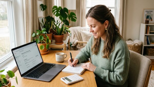woman calculating Etsy shop startup costs at a warm minimal home desk