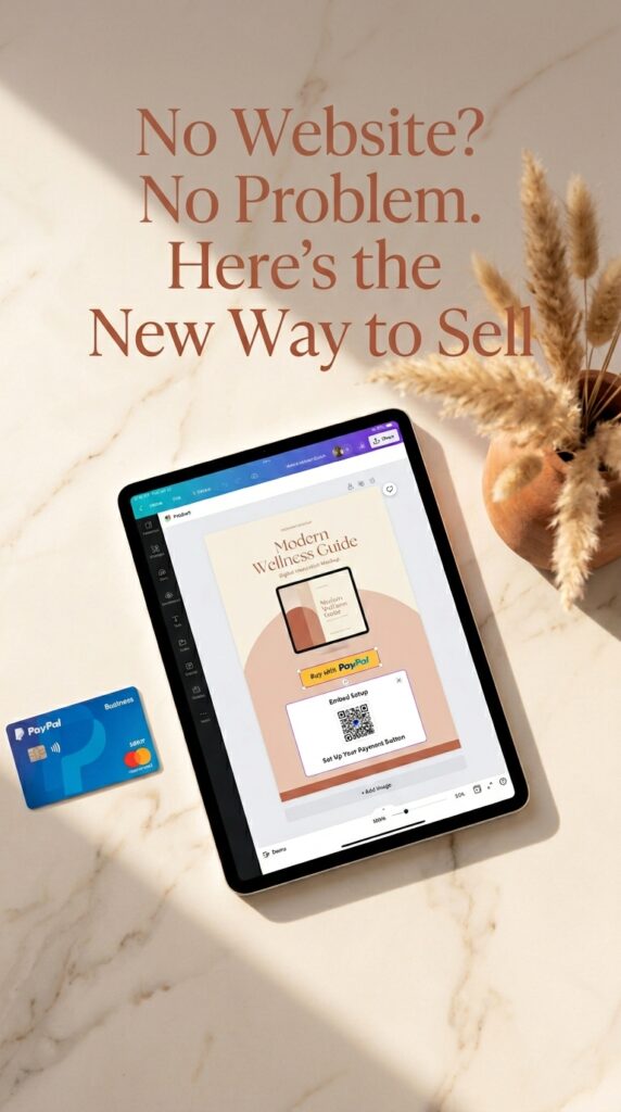 Pad showing Canva digital product design with PayPal QR code embed setup