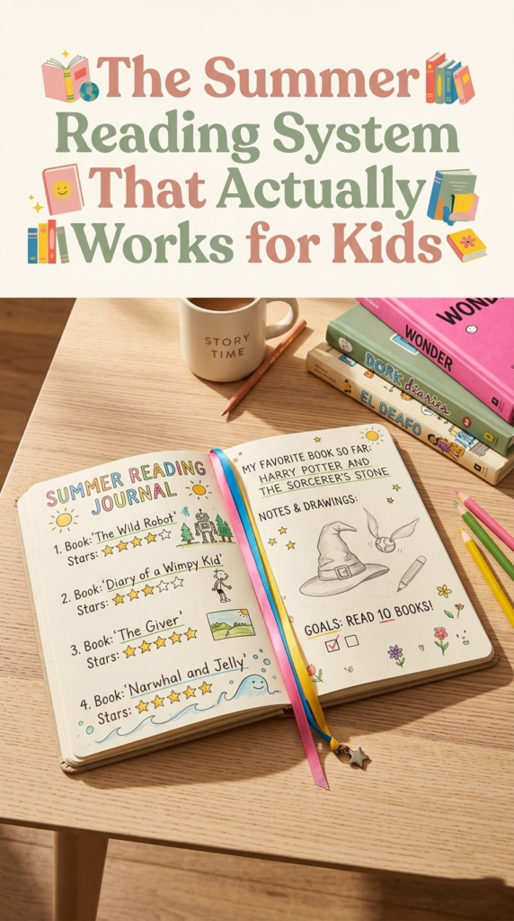child's summer reading journal with handwritten entries beside a stack of colorful books
