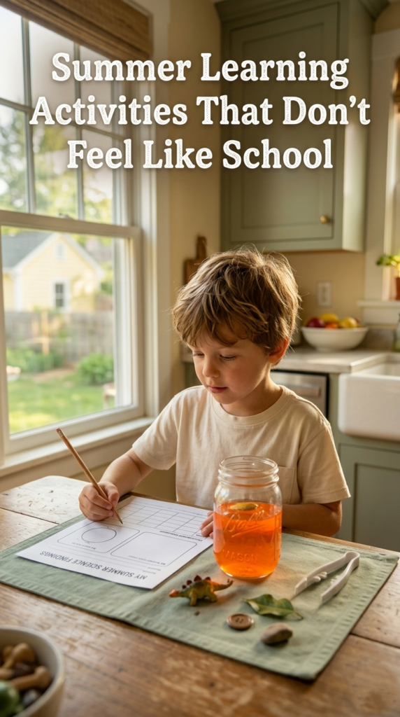 child doing a kitchen science experiment with a printable observation worksheet at a warm table